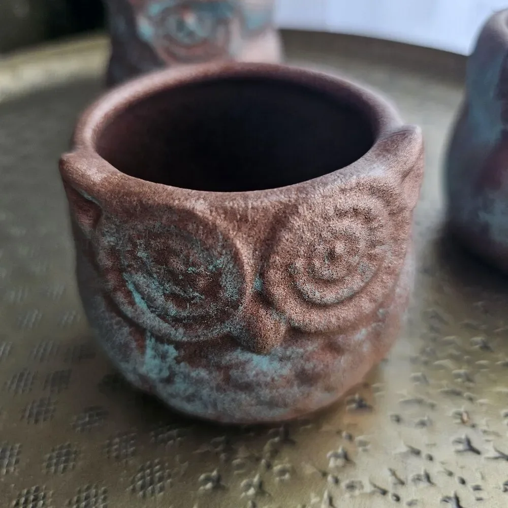 Upcycled Ceramic Owl Trio Rustic Copper Patina Finish Versatile Fall/Halloween